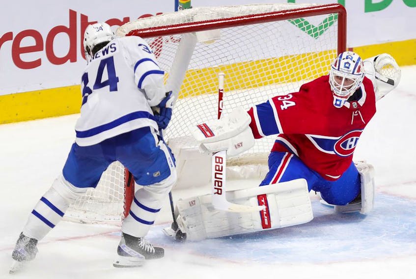 Montreal Canadiens' Jake Allen stops Toronto Maple Leafs Auston Matthews on a breakaway during overtime in Montreal on May 3, 2021. 
