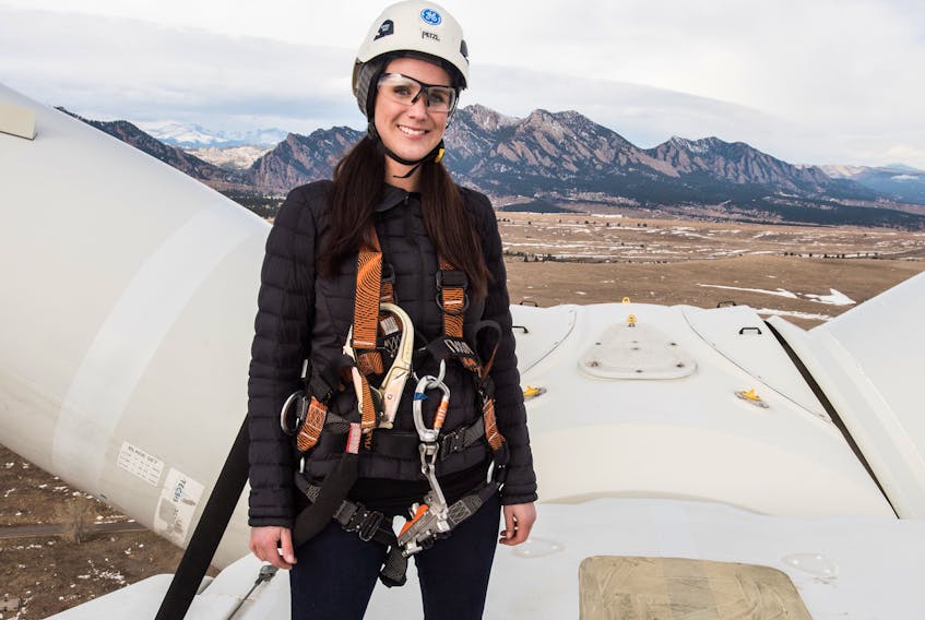 Robynne Murray, shown in one of her favourite photos, on top of an Alstom wind turbine at the National Renewable Energy Laboratory's  Flatirons Campus, where she works in Boulder, Colorado.