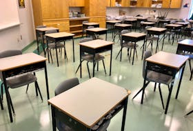 Desks in a classroom at Sydney's Sherwood Park Education Centre in August 2020, placed according to public health protocols to stop the spread of COVID-19 — spaced one metre apart.  NICOLE SULLIVAN • CAPE BRETON POST 