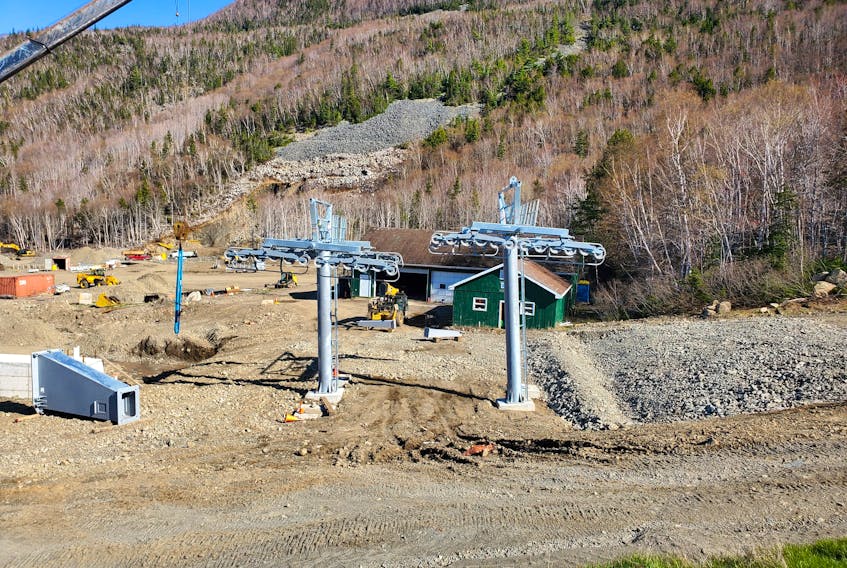 The first towers have been erected for the new gondola lift at Ski Cape Smokey in northern Cape Breton. The gondola is expected to begin operation this summer. Once completed, the all-season lift will take less than five minutes to whisk passengers to the top of the mountain. CONTRIBUTED