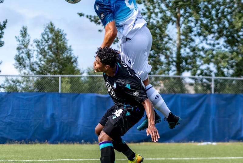 HFX Wanderers centre-back Peter Schaale gets airborne against Pacific FC during last season's Island Games in Charlottetown. - CANADIAN PREMIER LEAGUE