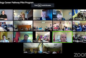 Participants in a Zoom call Monday announcing the 10 high schools across the province that will participate in the Technology Career Pathway pilot program starting in September. Screengrab
