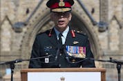 Lieutenant-General Wayne Eyre speaks during a change of command parade for the Canadian Army on Parliament Hill Tuesday, August 20, 2019 in Ottawa. 