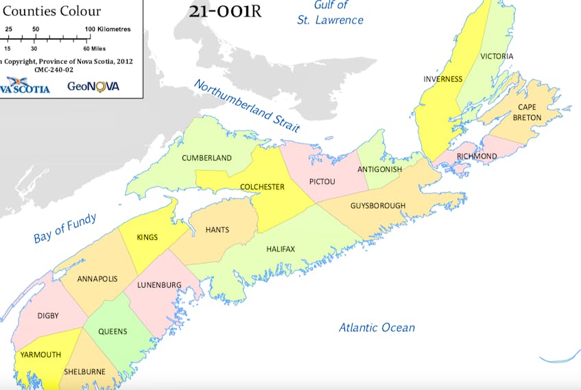 Initially, Nova Scotians were being told to restrict their non-essential travel to within their county as mapped out in this image. This restriction has been tightened to require non-essential travel to be within municipal units.