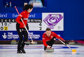 After losing to Australia earlier Wednesday, Canada's Kerri Einarson (left) and Brad Gushue defeated South Korea to  remain tied for first place in their pool at the world mixed doubles curling championship in Aberdeen, Scotland. —  Céline Stucki/World Curling Federation 