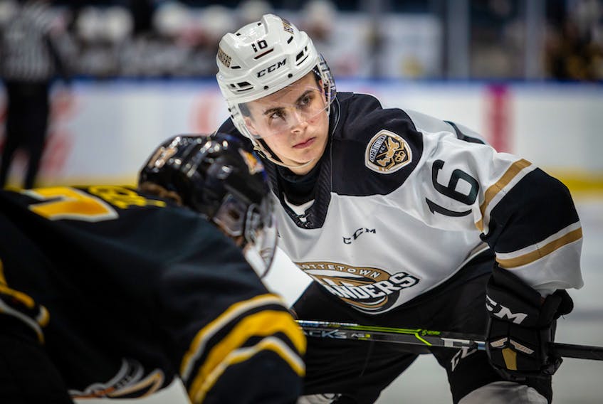 Charlottetown Islanders centre Pat Guay, right, prepares to take a faceoff in Game 3 of the Quebec Major Junior Hockey League semifinal on Friday. - Jonathan Roy