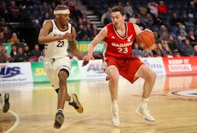 Cole Long (right), shown in action for the Memorial Sea-Hawks in early 2020, has been drafted by the Guelph Nighthawks of the Canadian Elite Basketball League. File photo