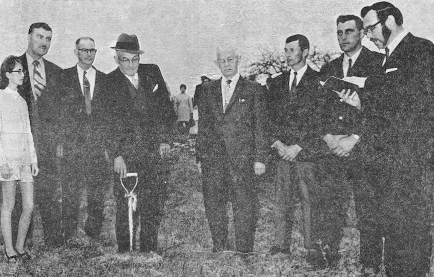 From left, Cathy Rafuse, Sam Rafuse, contractor Charles Schofield, Wallace Smeltzer — the oldest member of the congregation, J.F. Shaw, Carman Rafuse, Marvin Rafuse and Rev. Charles Bagley were in attendance for the sod turning ceremony at the Upper Vaughan United Baptist Church in 1971. Construction on a new church was to begin in mid-May. - File Photo