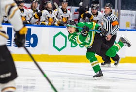Cornwall defenceman Jordan Spence of the Val-d'Or Foreurs fires a shot on net during Game 1 of the Quebec Major Junior Hockey League final.