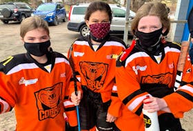 West Colchester Minor Hockey Association Cobras players Delylah Roy (left), Lexi Petrie and Shaelyn Little enjoying the sports and team camaraderie.