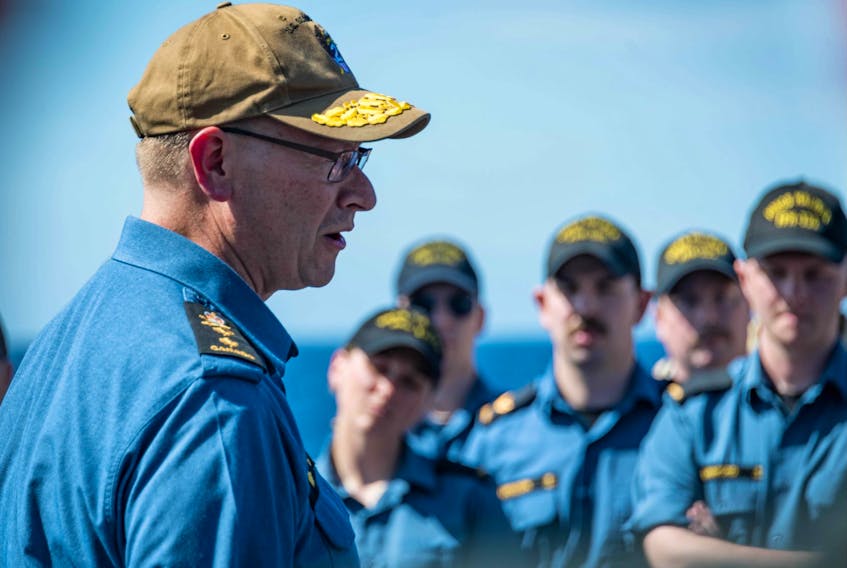 Rear-Admiral Steven Waddell speaking to the crew of HMCS Halifax Thursday off the coast of Portugal.