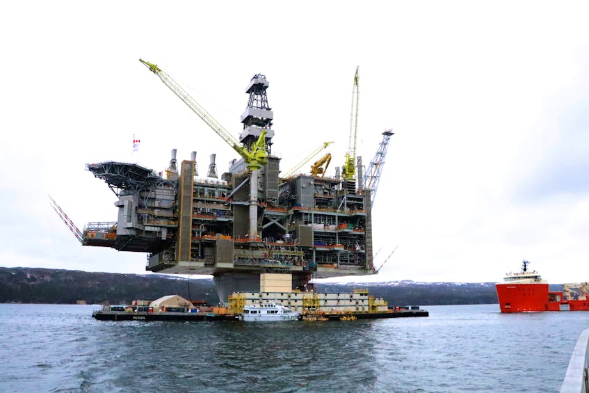The Hebron platform in April 2017, prior to tow-out from the Bull Arm fabrication site. Environmental Defence and Stand Earth were among the civil society organizations that released a damning report on emissions from the oil and gas sector in Canada-TELEGRAM FILE PHOTO