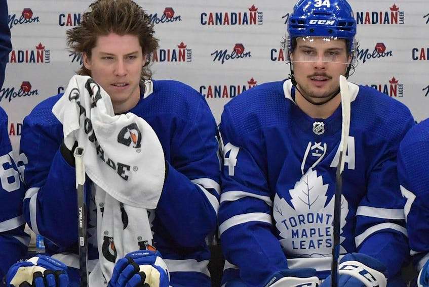 Mitch Marner (left) and Auston Matthews have combined for just one goal in five games of this series against the Habs, though they've done everything else right. 