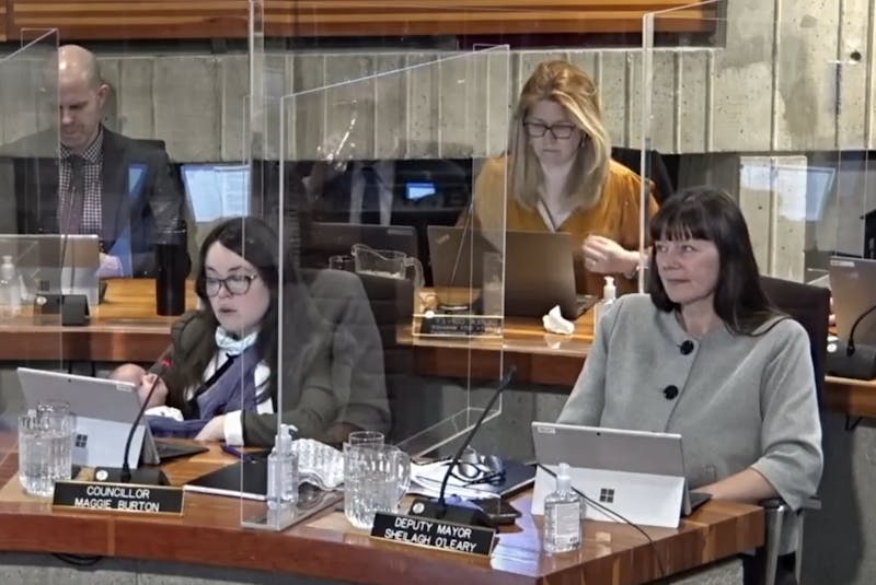 Coun. Maggie Burton, holding her newborn daughter, Edith, speaks about the Eric Street development during St. John's city council's weekly meeting Monday. At right is Deputy Mayor Sheilagh O'Leary, while city staff members Jason Synard and Tanya Hayward listen from the back row. - Contributed