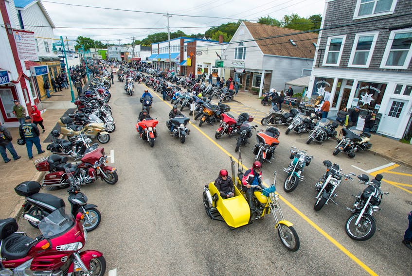 An overhead view of some of the motorcycles in Digby for a previous Wharf Rat Rally. MARK GOUDGE PHOTO
