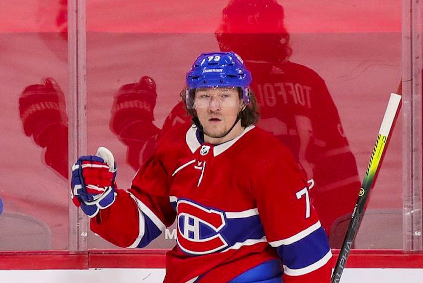 Tyler Toffoli pumps his fist after scoring a power-play goal during second-period action in Montreal on Monday May 3, 2021.