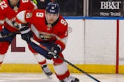 SUNRISE, FL - APRIL 19: Sam Bennett #9 of the Florida Panthers handles the puck against the Columbus Blue Jackets during second period at the BB&T Center on April 19, 2021 in Sunrise, Florida.