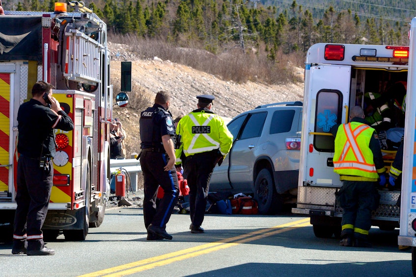Three people were taken to hospital, one with serious injuries, following this two-vehicle crash in Conception Bay South Tuesday afternoon. Keith Gosse/The Telegram