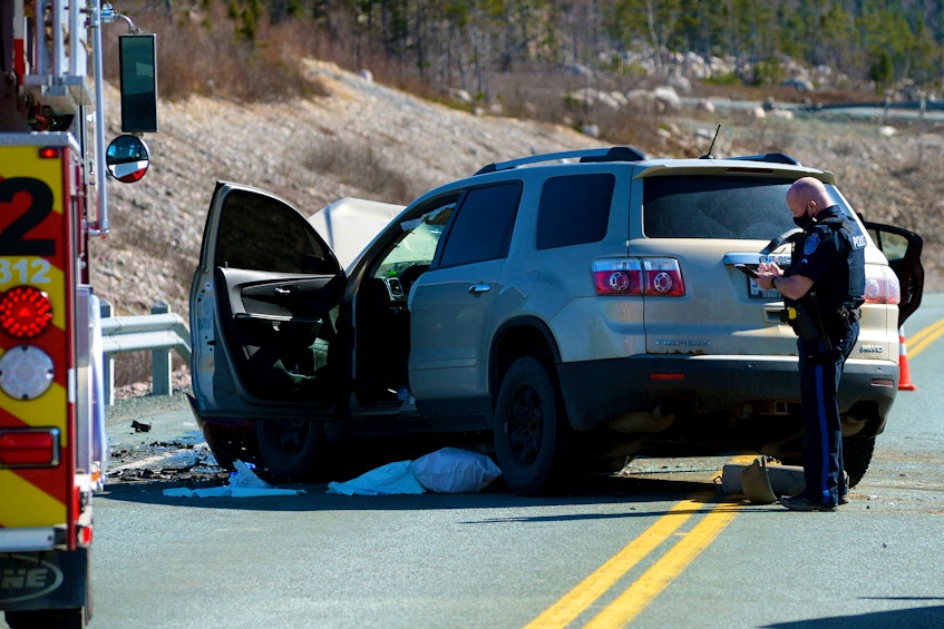 Three people were taken to hospital, one with serious injuries, following this two-vehicle crash in Conception Bay South Tuesday afternoon. Keith Gosse/The Telegram