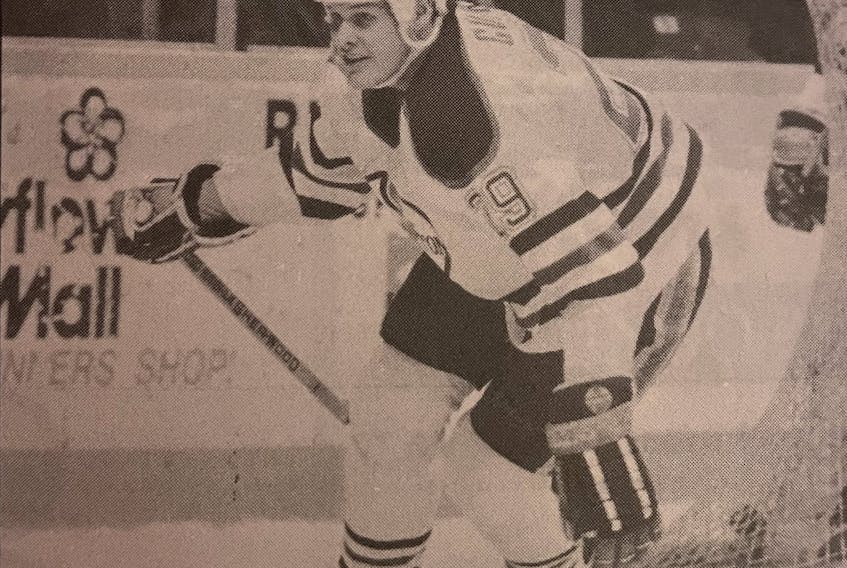 Cape Breton Oilers forward Dan Currie during an American Hockey game in 1989-90 at Centre 200 in Sydney. CONTRIBUTED
