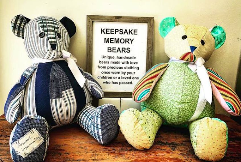 Paula Rodgers made these two bears from clothes at Frenchy's to gain some exposure. Here they are at Hippie Chiks Natural Health Shop in downtown New Glasgow.
