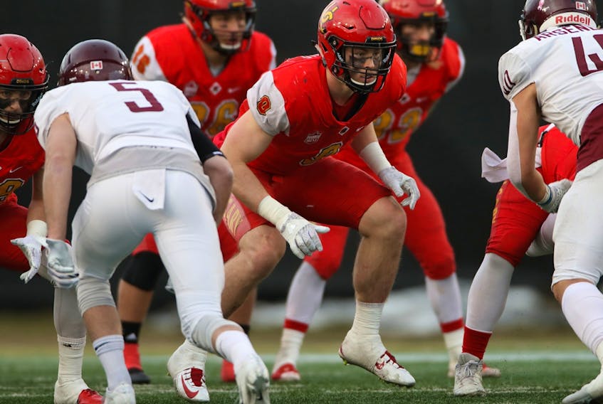  Calgary Dinos linebacker Grant McDonald was selected in the second round, 14th overall, by the Edmonton Football Club in the 2021 CFL Draft on Tuesday, May 4, 2021. Supplied / U of C Dinos Athletics