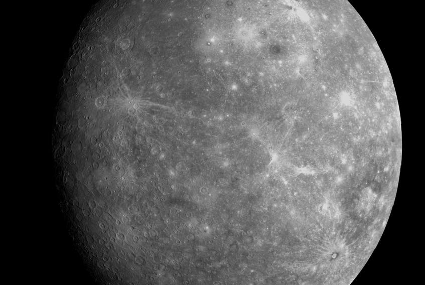 A high-resolution image of Mercury taken from a fly-by. Skywatchers in Atlantic Canada will be able to spot the planet this week, after being out of view for several weeks. Look for Mercury in the constellation Taurus in the western, early-evening sky. - NASA image