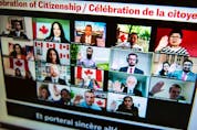 Immigration, Refugees and Citizenship Minister Marco Mendicino, second from top right, leads participants in a virtual citizenship ceremony held over livestream due to the COVID-19 pandemic, on Canada Day 2020.