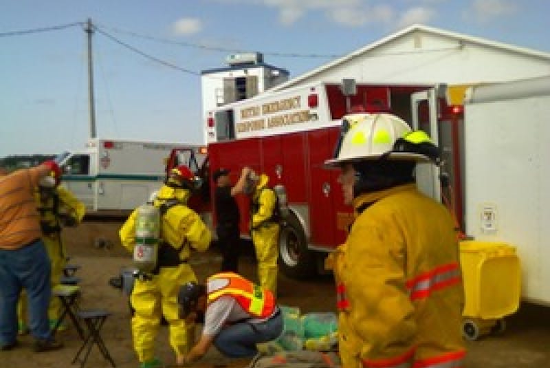 P.E.I. firefighters on the scene of a HAZMAT (hazardous materials) incident at Egmont Fisheries. Rick Niblett, who was the deputy chief instructor of the PEIFFA fire school for 25 years, says the school aimed to ensure all firefighters received certified training to ensure everyone would be on the same page when attending this type of emergency. - Contributed