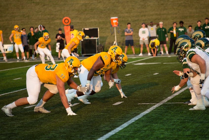 University of Alberta Golden Bears defensive lineman Cole Nelson (93), lines up against the University of Regina Rams in this supplied photo. The 24-year-old Ponoka resident was taken in the first round (fifth overall) of the Canadian Football League draft on Tuesday, May 4, 2021.