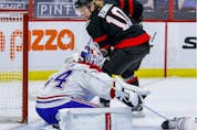 Ottawa Senators left wing Ryan Dzingel (10)  is stopped by Montreal Canadiens goaltender Jake Allen in the first period.