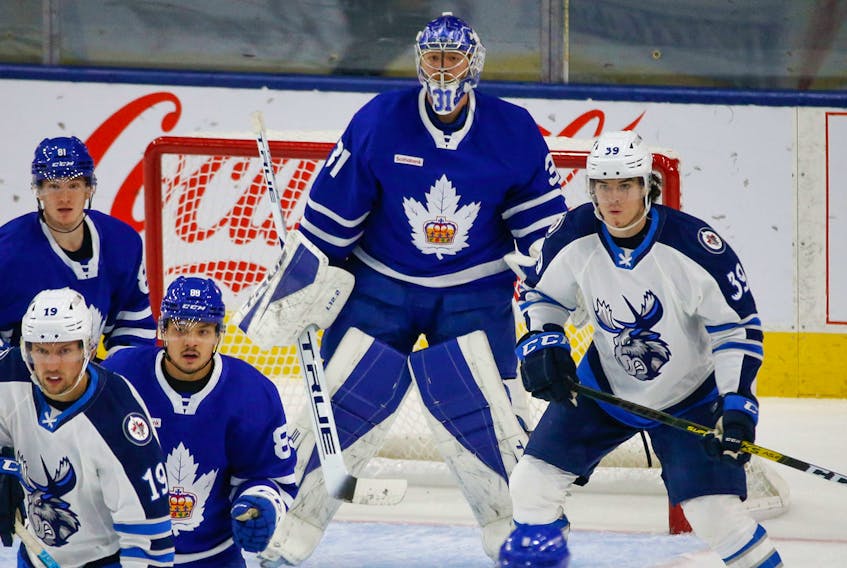 Toronto Marlies goalie Frederik Andersen  G (31) looks through traffic on a penalty kill during first period action in Toronto on Thursday May 6, 2021. Jack Boland/Toronto Sun/Postmedia Network