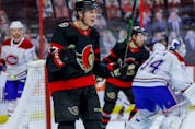Ottawa Senators centre Shane Pinto (57) celebrates his first NHL goal against the Montreal Canadiens during the first period at the Canadian Tire Centre on Wednesday, May 5, 2021.