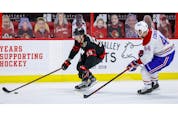 Ottawa Senators left wing Alex Formenton (59) pulls away from Montreal Canadiens defenceman Joel Edmundson (44) on his way to scoring during the third period.