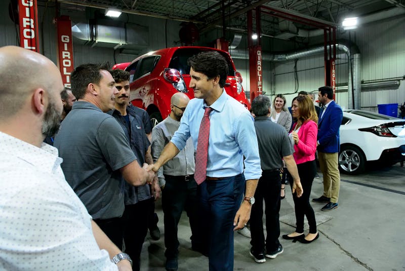 Justin Trudeau makes a policy announcement at an electric vehicle car dealership during a campaign stop in Trois-Rivieres, Que. Contributed - POSTMEDIA