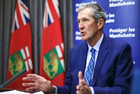 Premier Brian Pallister announces that his government is launching a new Manitoba Pandemic Sick Leave program that will provide direct financial assistance to help fill gaps between federal programming and current provincial employment standards for paid sick leave, during a press conference at the Manitoba Legislative building Friday morning.
MIKE DEAL/POOL/WINNIPEG FREE PRESS