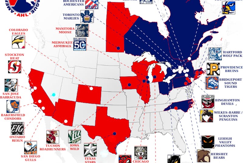 There are 31 active American Hockey League franchises, but only three cities currently home to AHL teams have continually been part of the minor-league circuit since 1991, when St. John's joined. In fact, there are almost as many cities that once were part of the league, but no longer have AHL teams. St. John's is one of the 30 cities that have seen AHL franchises come and go. The team logo for the Henderson Silver Knights, the farm team of the Vegas Golden Knights is not indicated on this map, although the team's location is denoted by a light blue dot. The map also doesn't show Palm Springs, Calif, which will be the home of the AHL affiliate of the Seattle Kraken, which enters the NHL in 2022. — eliteprospects.com