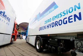 In this Oct. 7, 2020 photo, a new hydrogen fuel cell truck made by Hyundai is pictured ahead of a media presentation for the zero-emission transport of goods at the Verkehrshaus Luzern (Swiss Museum of Transport) in Luzern, Switzerland. — Reuters