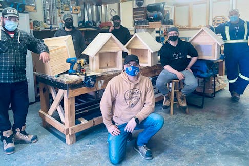 Keyin College carpentry instructor Jody Manning and students Brady Boland, Shane Baker, Damian Hanrahan, Dylan Marks and Jarrod Stapleton helped make Burin Peninsula Brighter Futures’ book library project a reality. 
