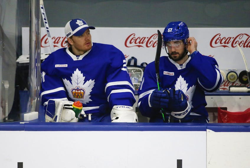  Goaltender Frederik Andersen is stationed on the bench midway through the second period during his conditioning stint with the Marlies in Toronto on Thursday, May 6, 2021. JACK BOLAND/TORONTO SUN