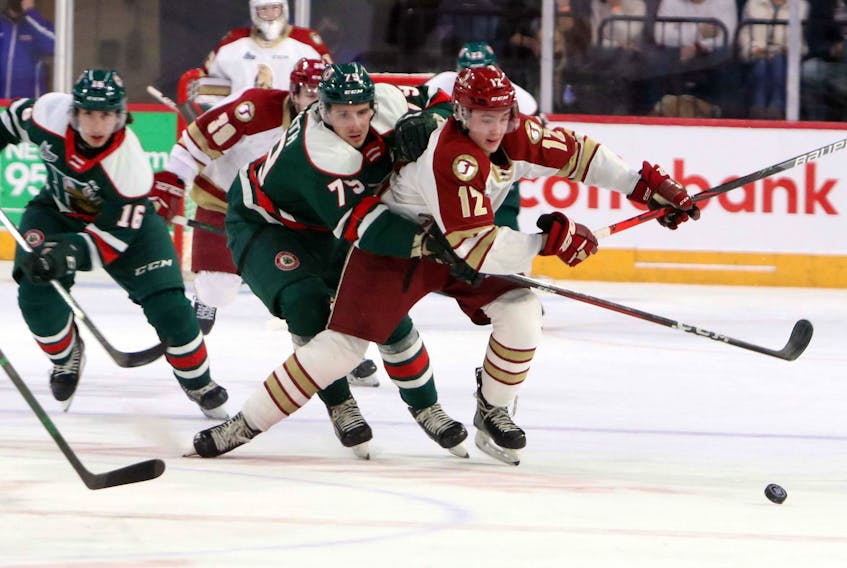 Enfield’s Riley Kidney of the Bathurst Titan tries to break away from Halifax Mooseheads defenceman Jason Horvath during a Nov. 20, 2020 QMJHL game at the Scotiabank Centre. - Eric Wynne

