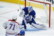Toronto Maple Leafs Jack Campbell G (36) makes a blocker save  during third period action in Toronto on Thursday May 6, 2021. Jack Boland/Toronto Sun/Postmedia Network