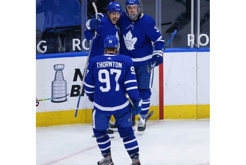 Toronto Maple Leafs Auston Matthews C (34) celebrates his 40th goal of the season during third period action in Toronto on Thursday May 6, 2021. Jack Boland/Toronto Sun/Postmedia Network