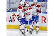 Montreal Canadiens Cole Caufield (22) celebrates a goal during second period action in Toronto on Thursday May 6, 2021. Jack Boland/Toronto Sun/Postmedia Network