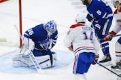 Toronto Maple Leafs Jack Campbell G (36) makes a chest save during second period action in Toronto on Thursday May 6, 2021. Jack Boland/Toronto Sun/Postmedia Network