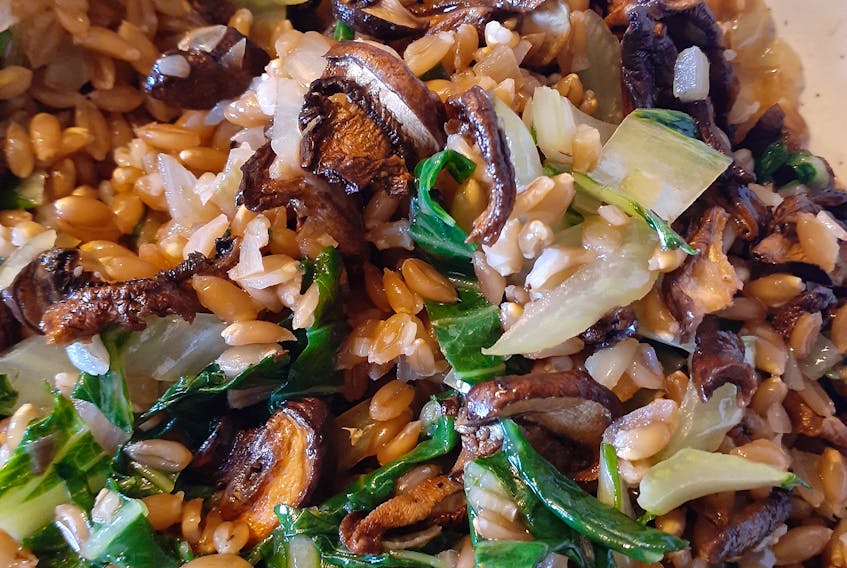 This is food columnist Margaret Prouse's version of Farro with Arugula and Roasted Mushrooms.