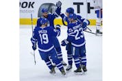 Toronto Maple Leafs Pierre Engvall LW (47) is congratulated for scoring during first period action in Toronto on Thursday May 6, 2021. Jack Boland/Toronto Sun/Postmedia Network