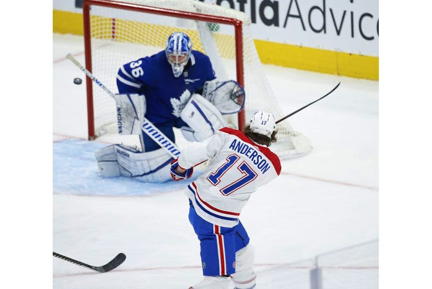 Montreal Canadiens Josh Anderson RW (17) fires a shot just wide past Toronto Maple Leafs Jack Campbell G (36) during first period action in Toronto on Thursday May 6, 2021. Jack Boland/Toronto Sun/Postmedia Network