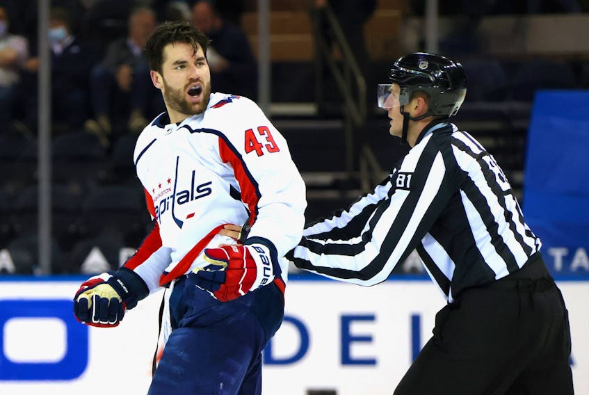 Tom Wilson of the Washington Capitals yells at the New York Rangers bench during Monday's game.
