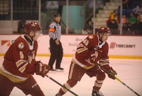 Acadie-Bathurst Titan defencemen Cole Larkin, left, and Zach Biggar during the 2019-20 Quebec Major Junior Hockey League season at the Eastlink Centre.